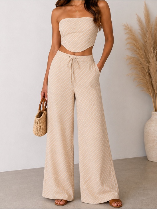 Jolie & Joy by FCT With Love Pants - Jolie & Joy Beige Striped Wide-Leg Pants Set with Elastic Waist size Large